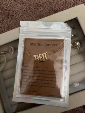 Taylor Swift Gold-Tone RED Album Name Necklace with Quote Card